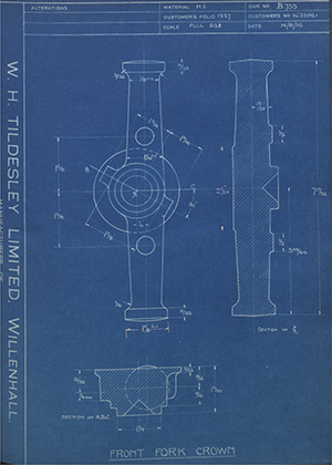 Enfield Cycle Co LTD W23951 Front Fork Crown WH Tildesley Forging Technical Drawing