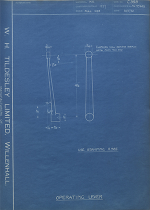 Enfield Cycle Co LTD W27662 Operating Lever WH Tildesley Forging Technical Drawing