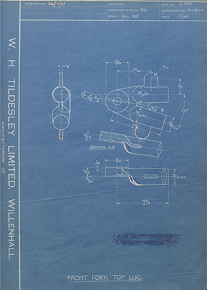 Enfield Cycle Co LTD W28144 Front Fork Top Lug WH Tildesley Forging Technical Drawing