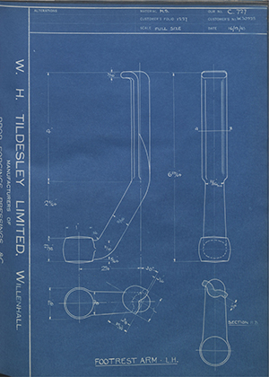 Enfield Cycle Co LTD W30525 Footrest Arm - LH WH Tildesley Forging Technical Drawing