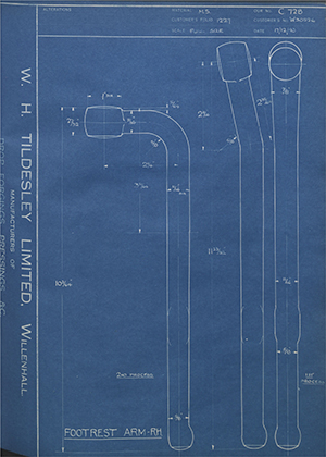 Enfield Cycle Co LTD W30526 Footrest Arm - RH WH Tildesley Forging Technical Drawing