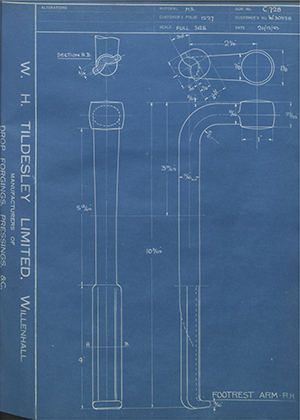 Enfield Cycle Co LTD W30526 Footrest Arm - RH WH Tildesley Forging Technical Drawing