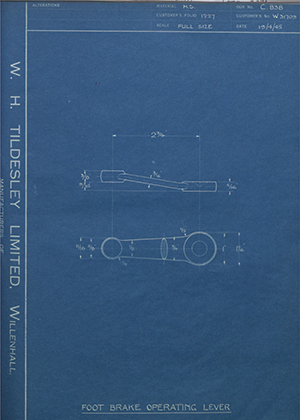 Enfield Cycle Co LTD W31709 Foot Brake Operating Lever WH Tildesley Forging Technical Drawing