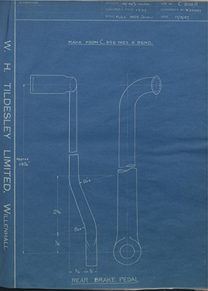 Enfield Cycle Co LTD W34267 Rear Brake Pedal WH Tildesley Forging Technical Drawing