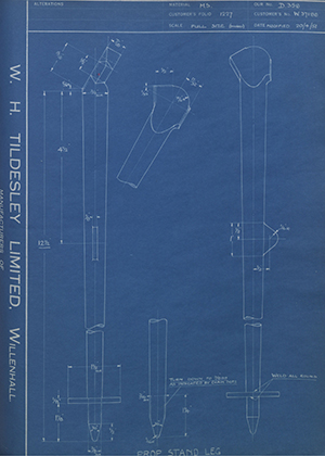 Enfield Cycle Co LTD W37188 Prop Stand Leg WH Tildesley Forging Technical Drawing