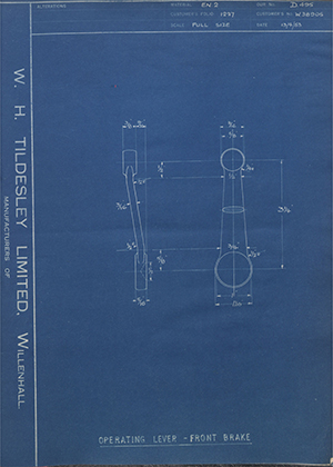 Enfield Cycle Co LTD W38905 Operating Lever - Front Brake WH Tildesley Forging Technical Drawing