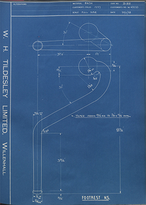 Enfield Cycle Co LTD W43233 Footrest NS WH Tildesley Forging Technical Drawing