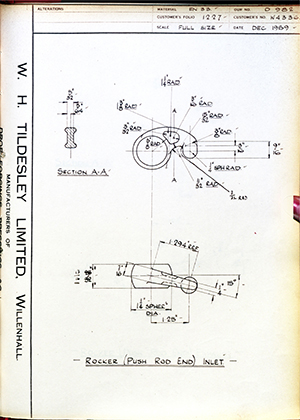 Enfield Cycle Co LTD W4336 Rocker (Push Rod End) Inlet WH Tildesley Forging Technical Drawing