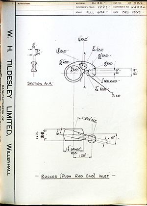 Enfield Cycle Co LTD W43368 Rocker (Push Rod End) Inlet WH Tildesley Forging Technical Drawing