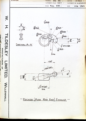 Enfield Cycle Co LTD W43369 Rocker (Push Rod End) Exhaust WH Tildesley Forging Technical Drawing