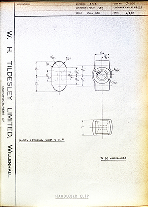 Enfield Cycle Co LTD W44225 Handlebar Clip WH Tildesley Forging Technical Drawing