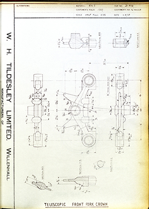 Enfield Cycle Co LTD W44229 Telescopic Front Fork Crown WH Tildesley Forging Technical Drawing