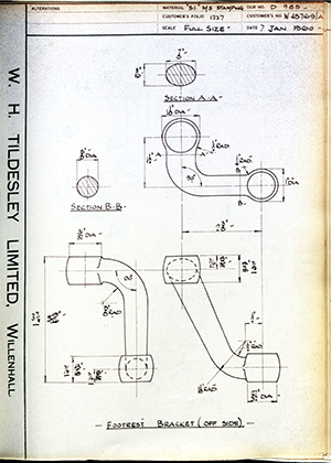 Enfield Cycle Co LTD W45769/A Footrest Bracket (Off Side) WH Tildesley Forging Technical Drawing