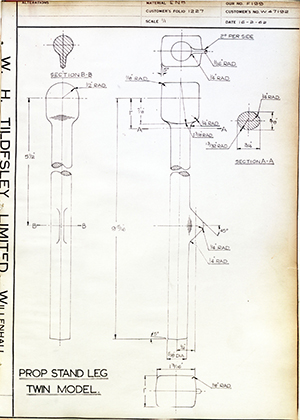 Enfield Cycle Co LTD W47192 Prop Stand Leg - Twin Model WH Tildesley Forging Technical Drawing