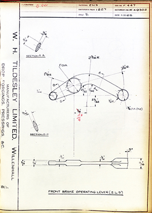 Enfield Cycle Co LTD W49302 Front Brake Operating Lever (2 L.S) WH Tildesley Forging Technical Drawing