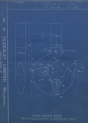 Fellows Brothers LTD  1 1/2 Ton Shank Hook WH Tildesley Forging Technical Drawing