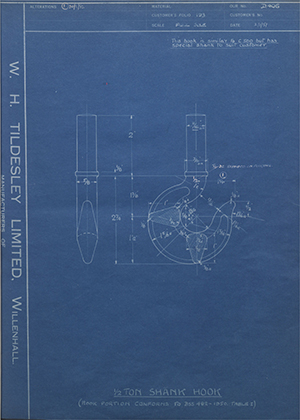 Fellows Brothers LTD  1/2 Ton Shank Hook WH Tildesley Forging Technical Drawing