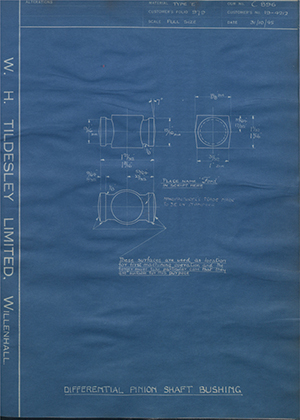 Ford Motor Co - Henry Ford Sons - Fordson 19-4212 Differential Pinion Shaft Bushing WH Tildesley Forging Technical Drawing