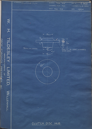 Ford Motor Co - Henry Ford Sons - Fordson 19-7554 Clutch Disc Hub WH Tildesley Forging Technical Drawing