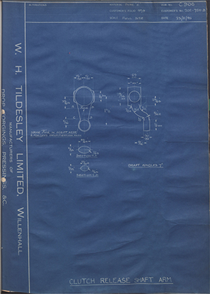 Ford Motor Co - Henry Ford Sons - Fordson 20E-7511-B Clutch Release Shaft Arm WH Tildesley Forging Technical Drawing