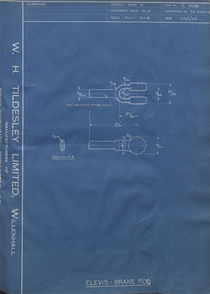 Ford Motor Co - Henry Ford Sons - Fordson 7V-2421-B Clevis - Brake Rod WH Tildesley Forging Technical Drawing