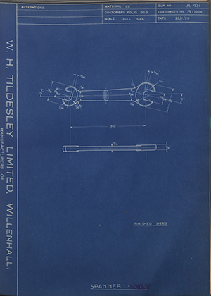 Ford Motor Co - Henry Ford Sons - Fordson A17015 Spanner WH Tildesley Forging Technical Drawing