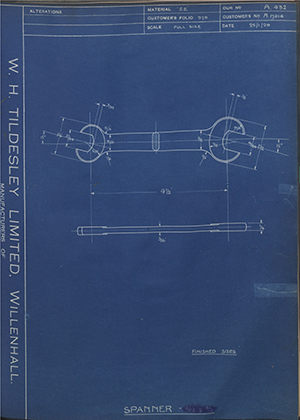 Ford Motor Co - Henry Ford Sons - Fordson A17016 Spanner WH Tildesley Forging Technical Drawing