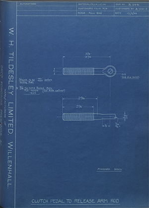 Ford Motor Co - Henry Ford Sons - Fordson B7521A Clutch Pedal to Release Arm Rod WH Tildesley Forging Technical Drawing