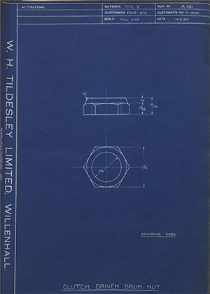 Ford Motor Co - Henry Ford Sons - Fordson F-1589 Clutch Driven Drum Nut WH Tildesley Forging Technical Drawing