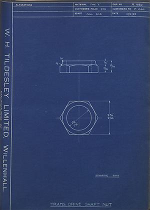 Ford Motor Co - Henry Ford Sons - Fordson F-1590 Trans Drive Shaft Nut WH Tildesley Forging Technical Drawing