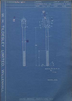 Ford Motor Co - Henry Ford Sons - Fordson F-3724 Hand Brake Adjusting Rod WH Tildesley Forging Technical Drawing