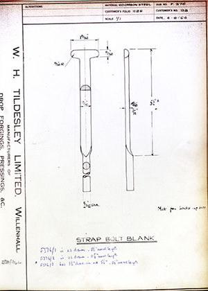 George Wright & Sons 93 Strap Bolt Blank WH Tildesley Forging Technical Drawing