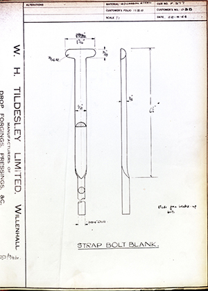 George Wright & Sons 93B Strap Bolt Blank WH Tildesley Forging Technical Drawing