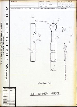 George Wright & Sons 95A TR Upper Piece WH Tildesley Forging Technical Drawing