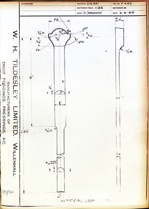 George Wright & Sons  Artificial Limb Fitting WH Tildesley Forging Technical Drawing