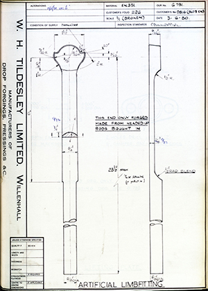 George Wright & Sons D816 (BL07 END) Artificial Limb Fitting WH Tildesley Forging Technical Drawing