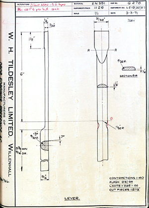 George Wright & Sons L219/32/57 Lever WH Tildesley Forging Technical Drawing