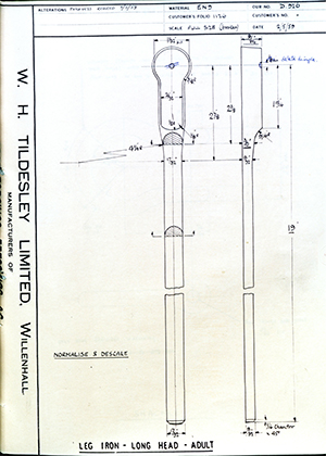 George Wright & Sons  Leg Iron - Long Head - Adult WH Tildesley Forging Technical Drawing