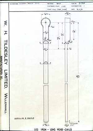 George Wright & Sons  Leg Iron - Long Head - Child WH Tildesley Forging Technical Drawing