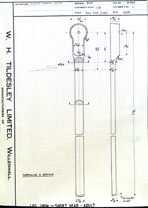 George Wright & Sons  Leg Iron - Short Head - Adult WH Tildesley Forging Technical Drawing