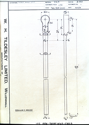 George Wright & Sons  Leg Iron - Short Head - Child WH Tildesley Forging Technical Drawing