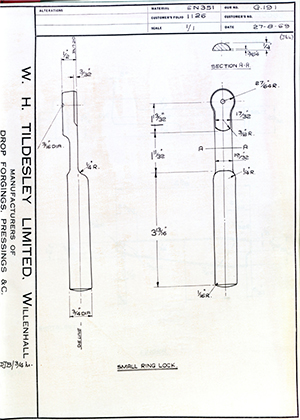 George Wright & Sons  Small Ring Lock WH Tildesley Forging Technical Drawing