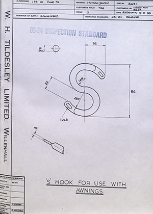 H.M Admiralty 0263/414/9627 S Hook for use with Awnings WH Tildesley Forging Technical Drawing