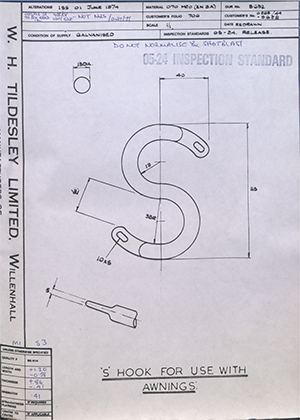 H.M Admiralty 0263/44/9628 S Hook for Use With Awnings WH Tildesley Forging Technical Drawing