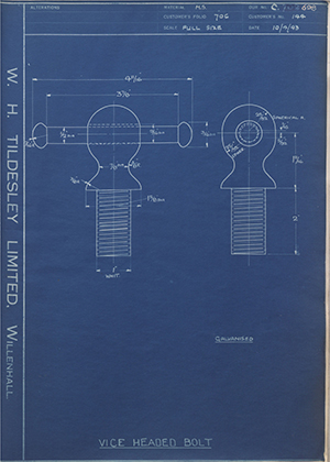 H.M Admiralty 144 Vice Headed Bolt WH Tildesley Forging Technical Drawing