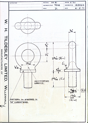 H.M Admiralty 16890 Eyebolt WH Tildesley Forging Technical Drawing