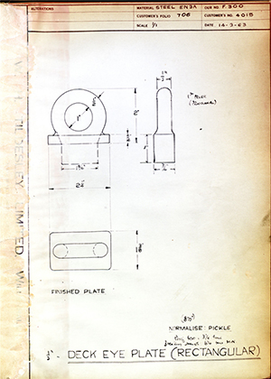 H.M Admiralty 4015 Deck Eye Plate (Rectangular) WH Tildesley Forging Technical Drawing