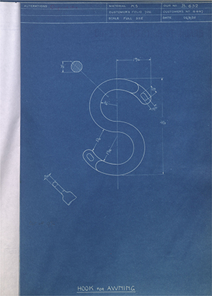 H.M Admiralty 4447 Hook for Awning WH Tildesley Forging Technical Drawing