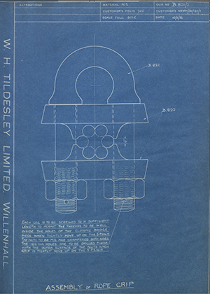 H.M Admiralty DTM/BD/183/1 Assembly for Rope Grip WH Tildesley Forging Technical Drawing