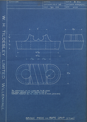 H.M Admiralty DTM/BD/183/1 Bridge Piece for Rope Grip (S.F.S.W.R) WH Tildesley Forging Technical Drawing